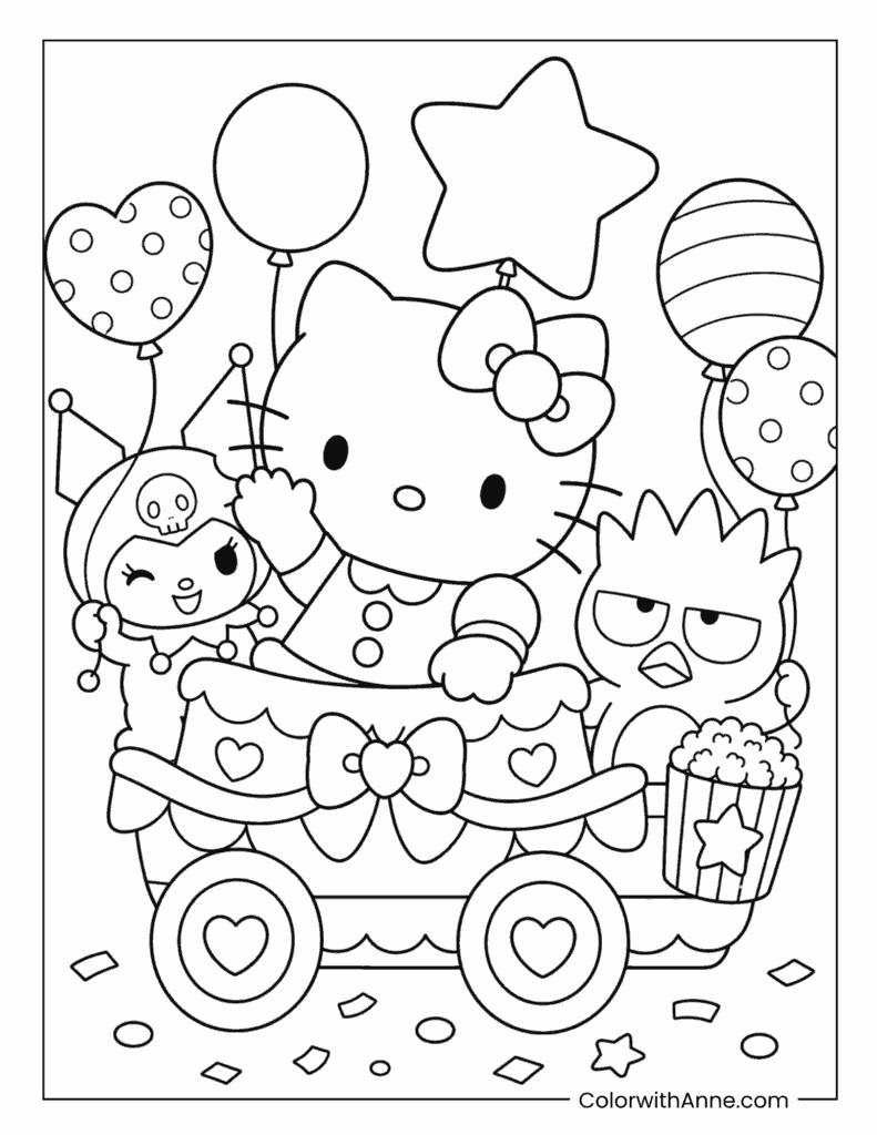 Hello Kitty, Kuromi, and Bad Badtz-Maru Waving From A Carriage Ride With Balloons Coloring Page