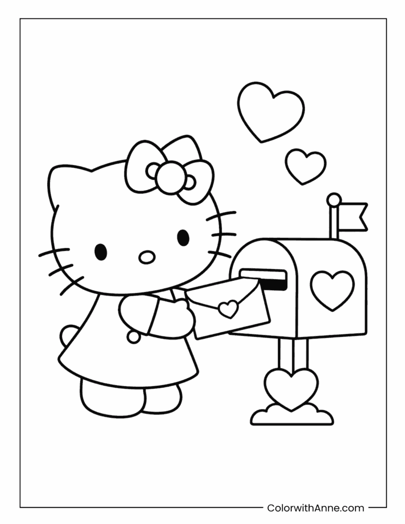 Hello Kitty Mailing a Valentine's Day Letter Coloring Page