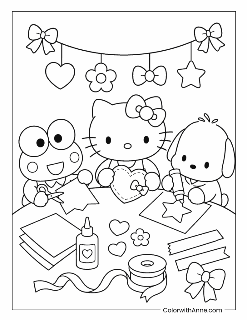Hello Kitty Making Crafts with Friends Keroppi and Pochacco Coloring Page
