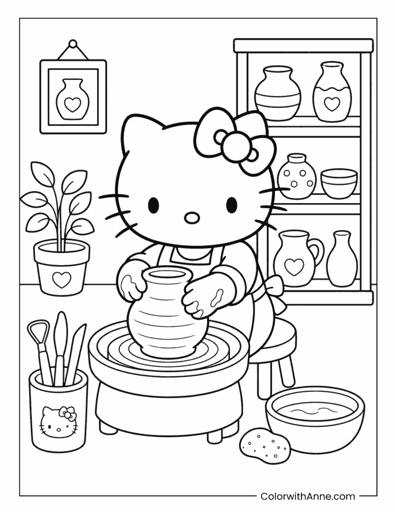 Hello Kitty Making Pottery in an Art Studio Coloring Page