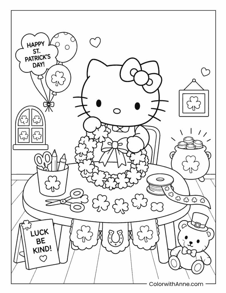 Hello Kitty Making a Shamrock Wreath Coloring Page