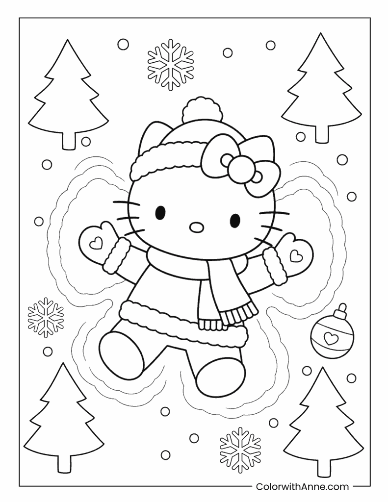 Hello Kitty Making a Snow Angel Coloring Page
