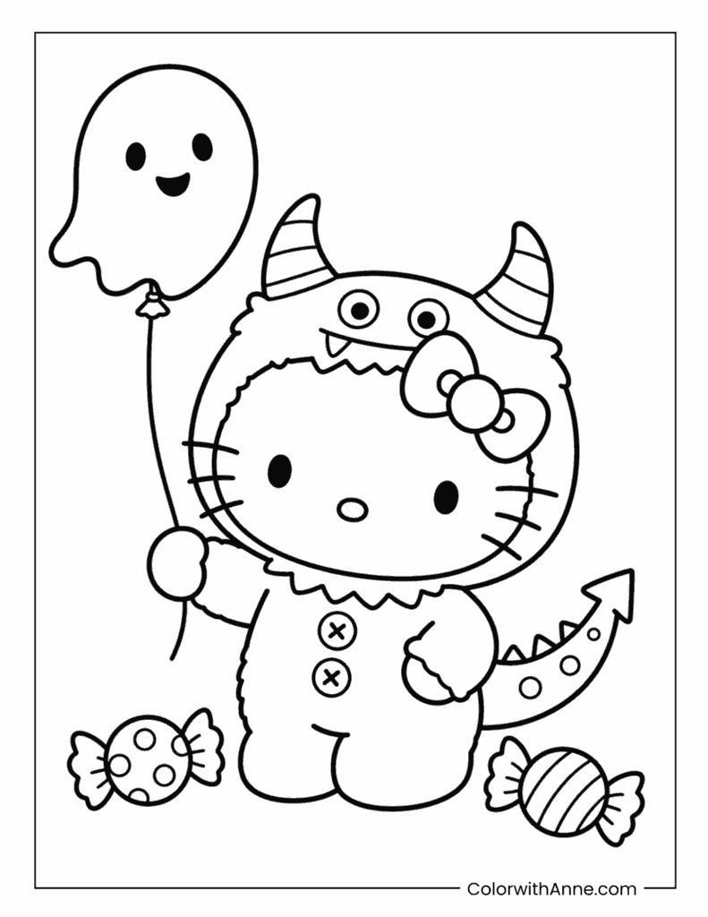 Hello Kitty Monster with Ghost Balloon Halloween Coloring Page