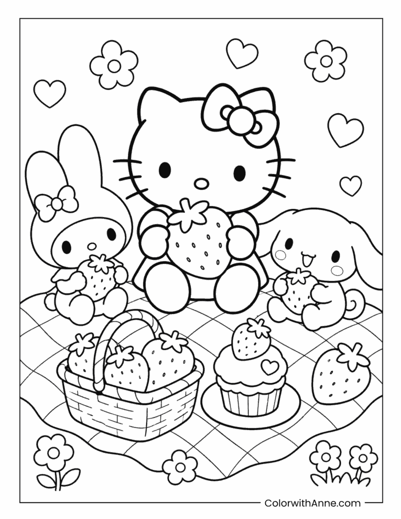 Hello Kitty, My Melody, And Cinnamoroll Enjoying Strawberries On A Picnic Blanket Coloring Page