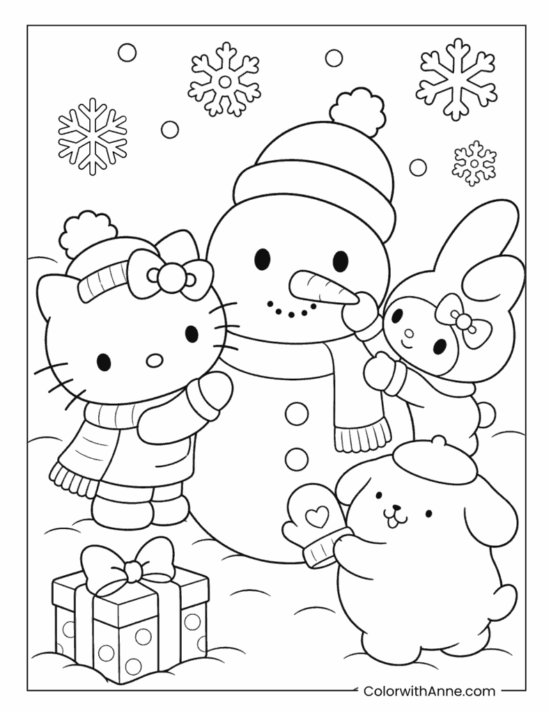 Hello Kitty, My Melody, And Pompompurin Building A Snowman Coloring Page
