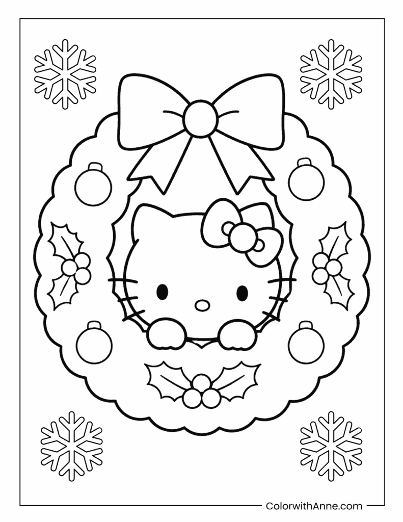 Hello Kitty Nestled in a Christmas Wreath Coloring Page