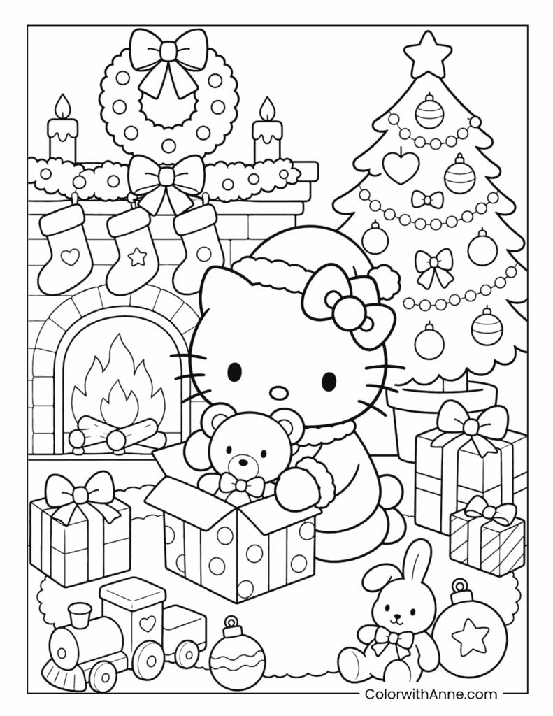 Hello Kitty Opening a Gift by the Fireplace Coloring Page