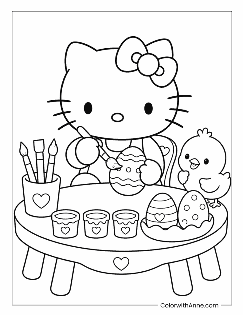 Hello Kitty Painting Easter Eggs Coloring Page