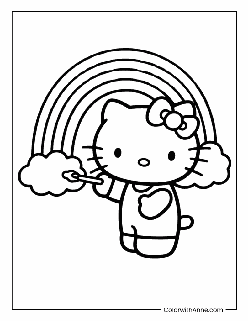 Hello Kitty Painting a Rainbow Coloring Page