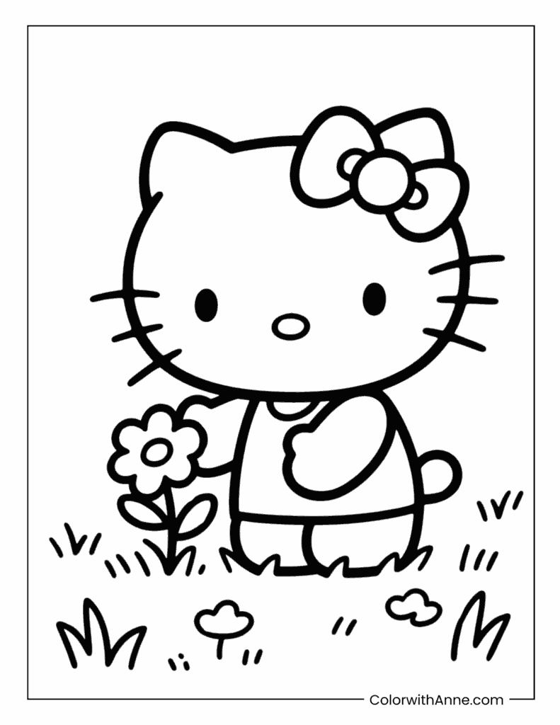 Hello Kitty Picking Flowers Coloring Page