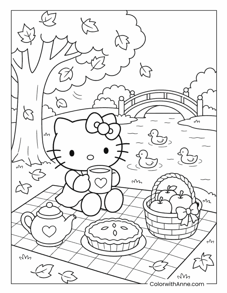 Hello Kitty Picnic Beside Pond Coloring Page