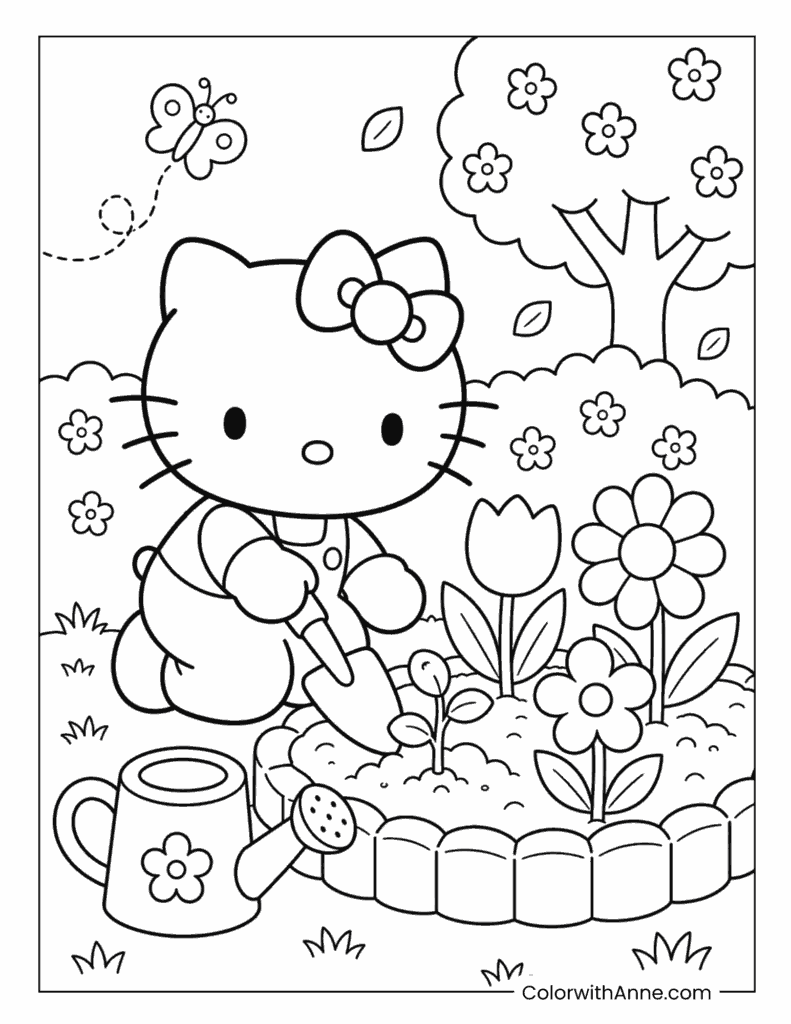 Hello Kitty Planting Flowers in a Spring Garden Coloring Page