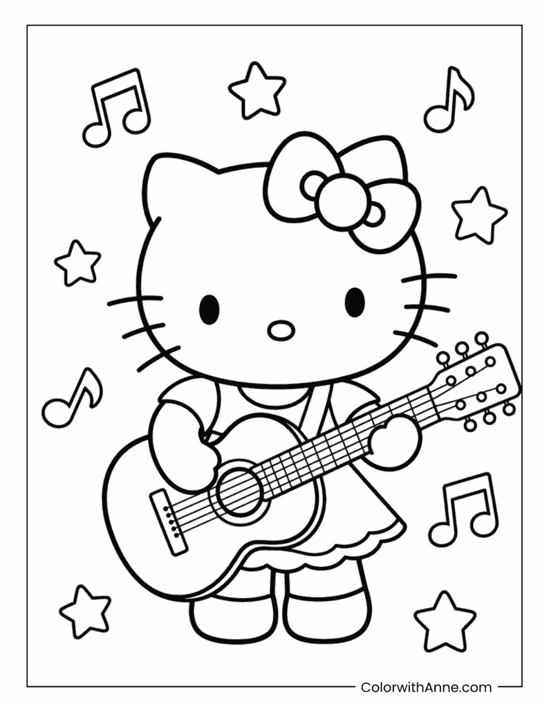 Hello Kitty Playing an Acoustic Guitar with Music Notes Coloring Page