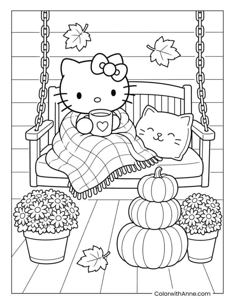Hello Kitty Pumpkin Swing With Kitten Coloring Page