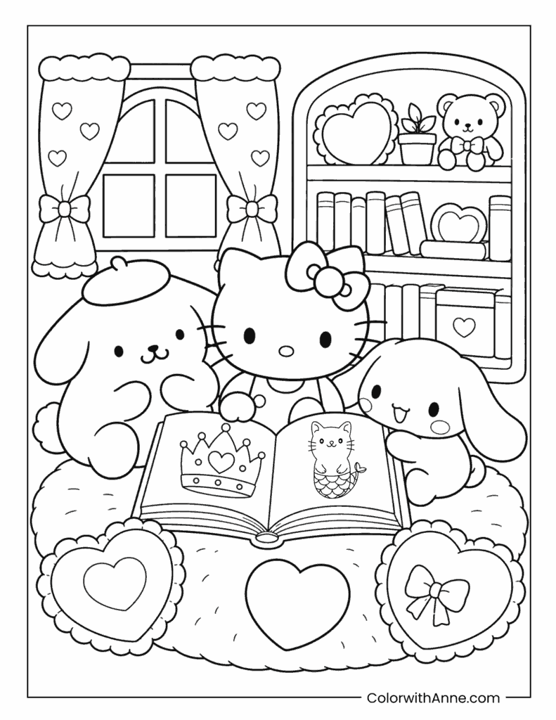 Hello Kitty Reading A Storybook With Cinnamoroll And Pompompurin Coloring Page