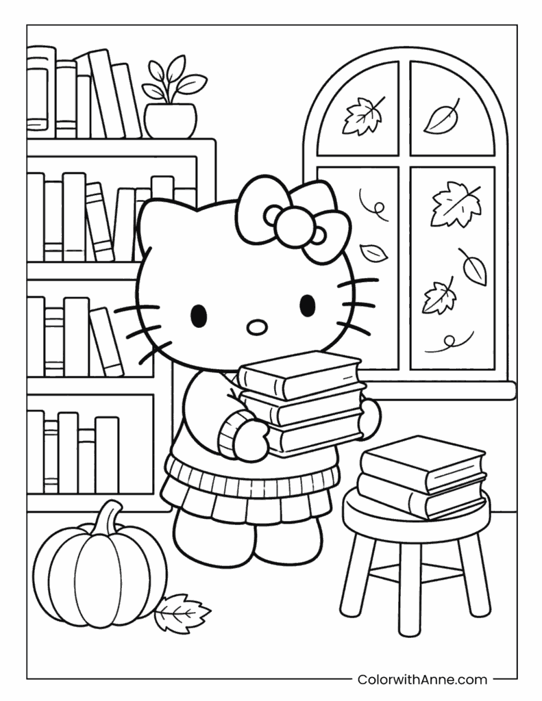 Hello Kitty Reading Books By Window Coloring Page