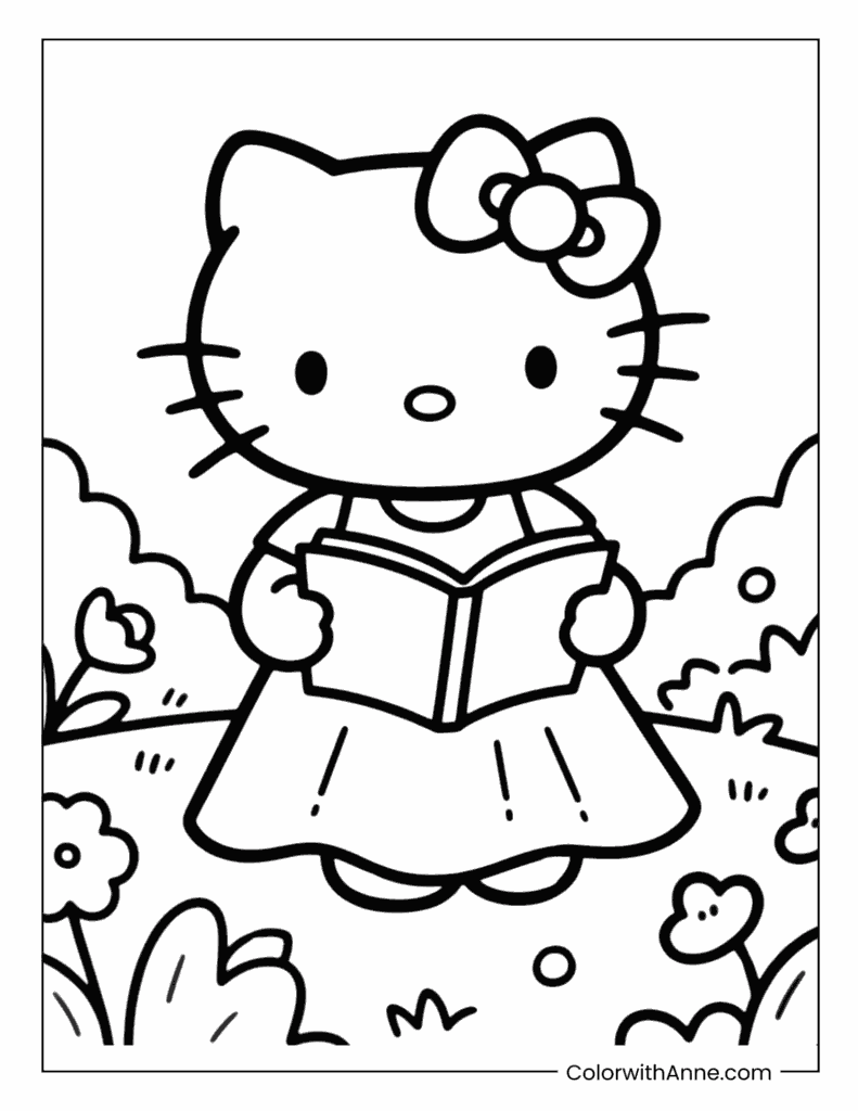 Hello Kitty Reading a Book Coloring Page