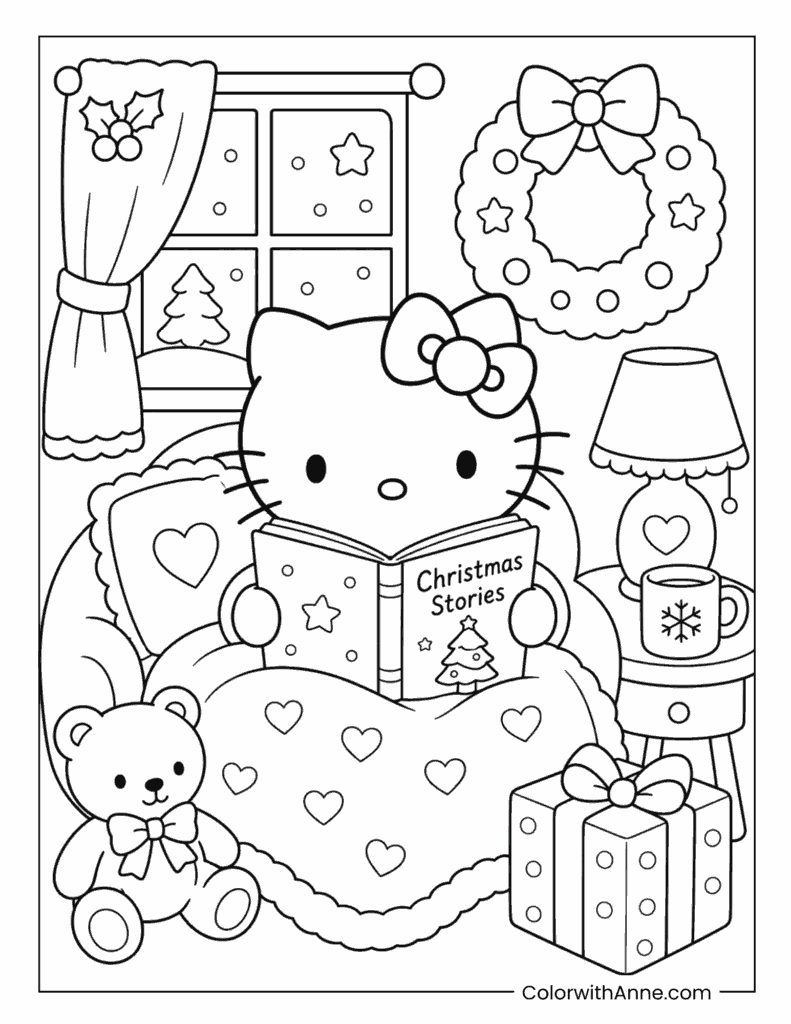 Hello Kitty Reading a Christmas Storybook Coloring Page
