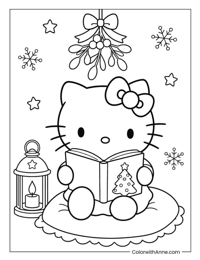 Hello Kitty Reading by Lantern Light Coloring Page