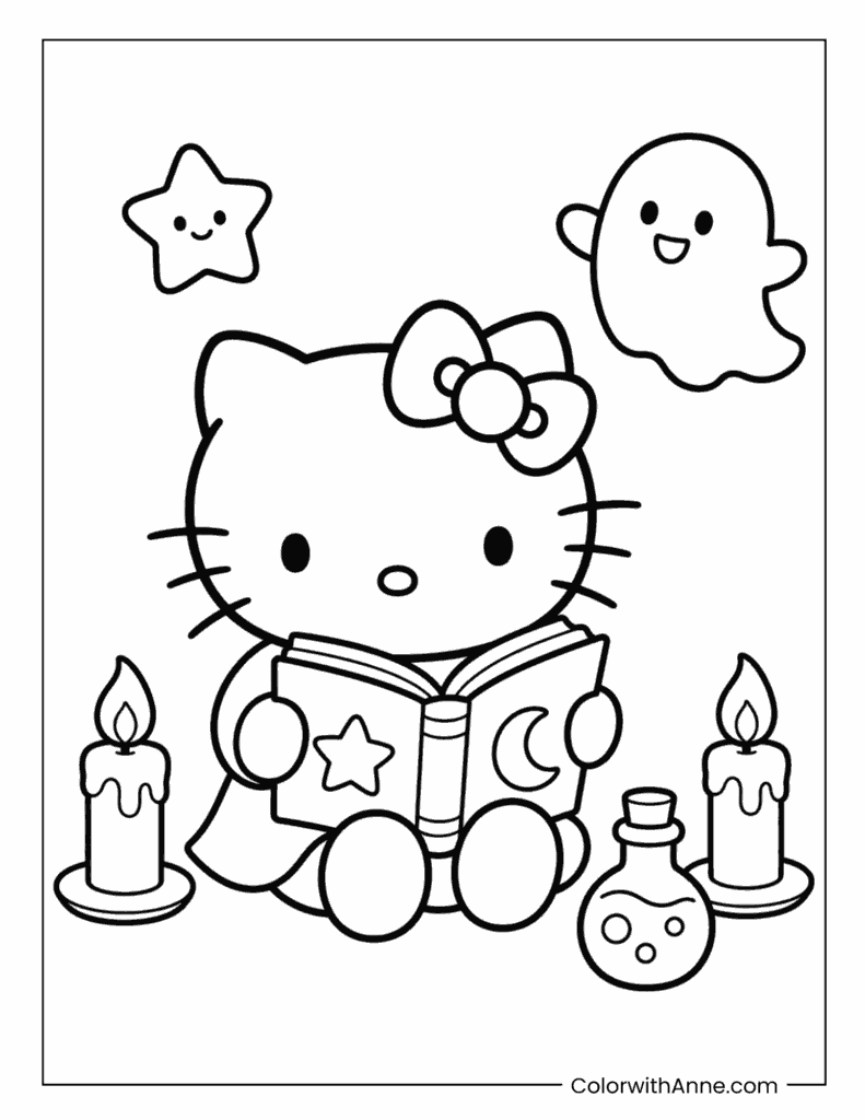 Hello Kitty Reading with Ghost and Candles Coloring Page