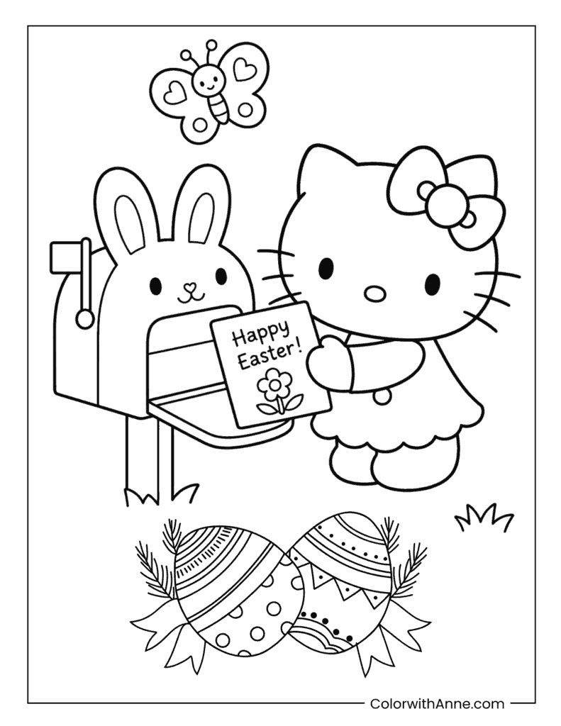 Hello Kitty Receiving Happy Easter Card Coloring Page