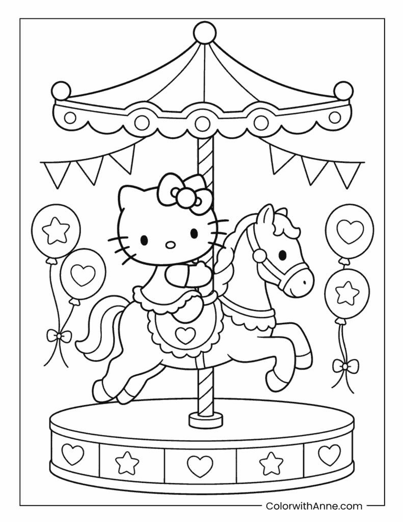 Hello Kitty Riding a Carousel Horse Coloring Page