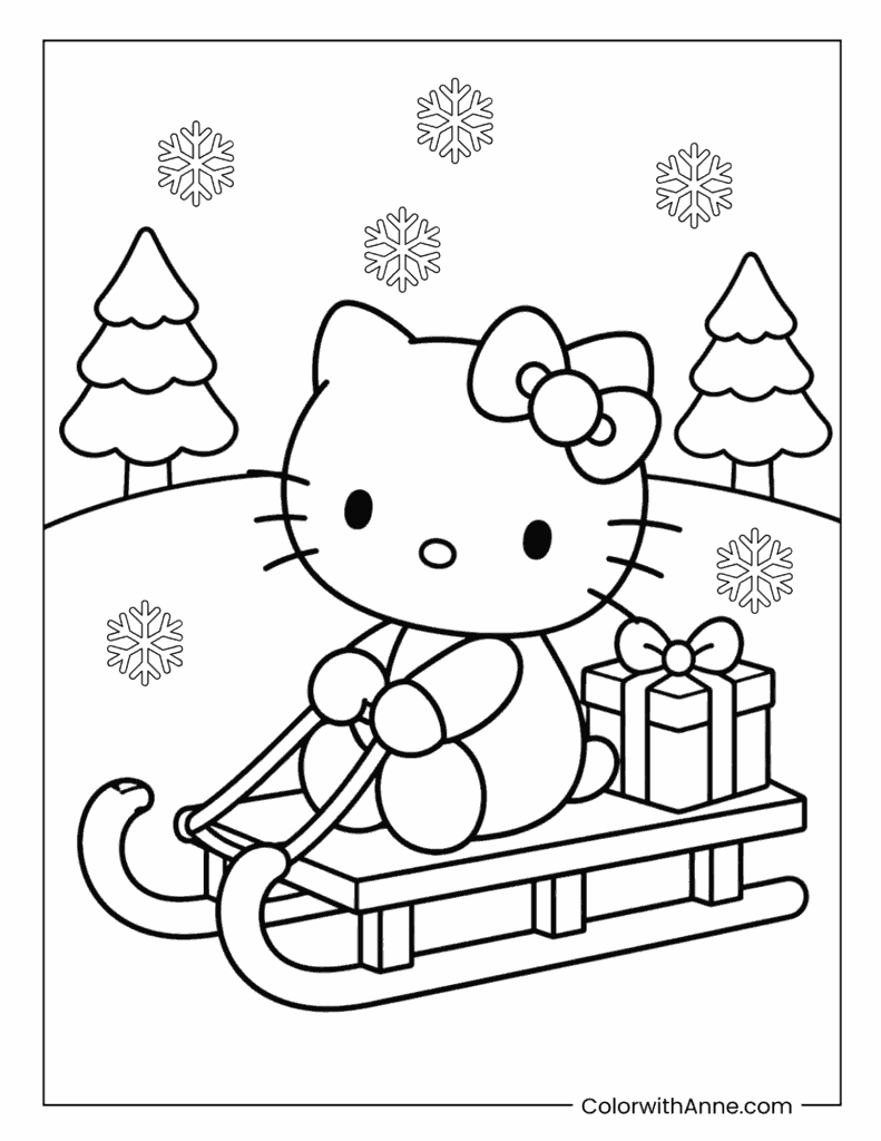 Hello Kitty Riding a Sleigh in the Snow Coloring Page