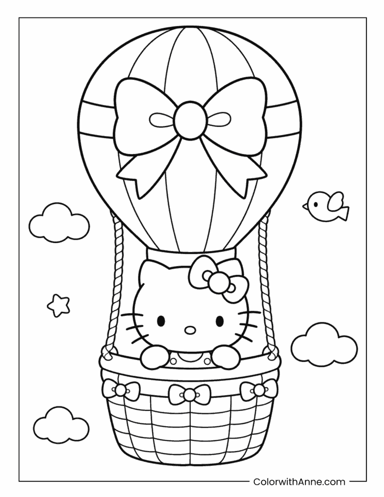 Hello Kitty Riding in a Hot Air Balloon Coloring Page