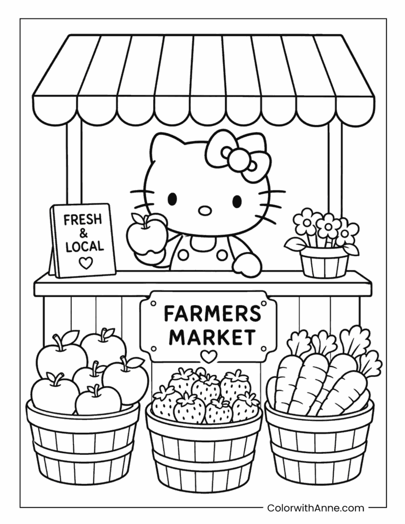 Hello Kitty Selling Fresh Produce at the Farmers Market Coloring Page