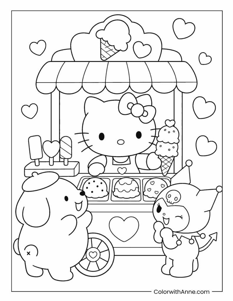 Hello Kitty Selling Ice Cream to Pompompurin & Kuromi Coloring Page