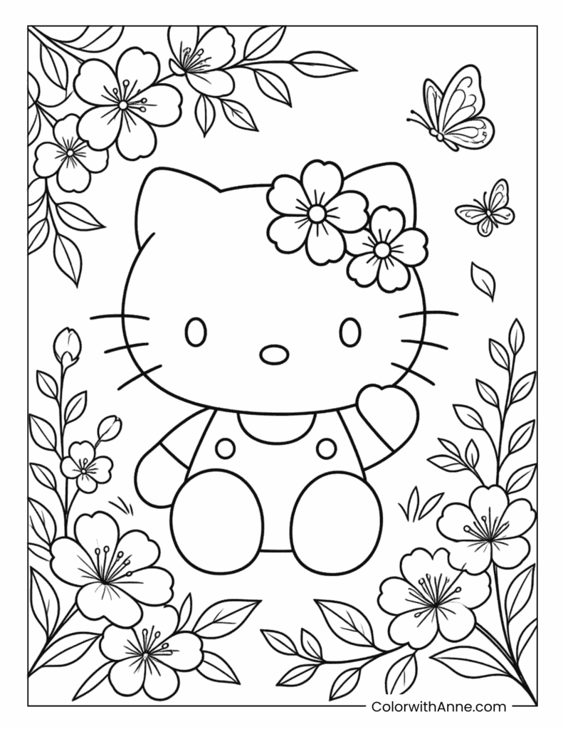 Hello Kitty Sitting Among Spring Flowers Coloring Page
