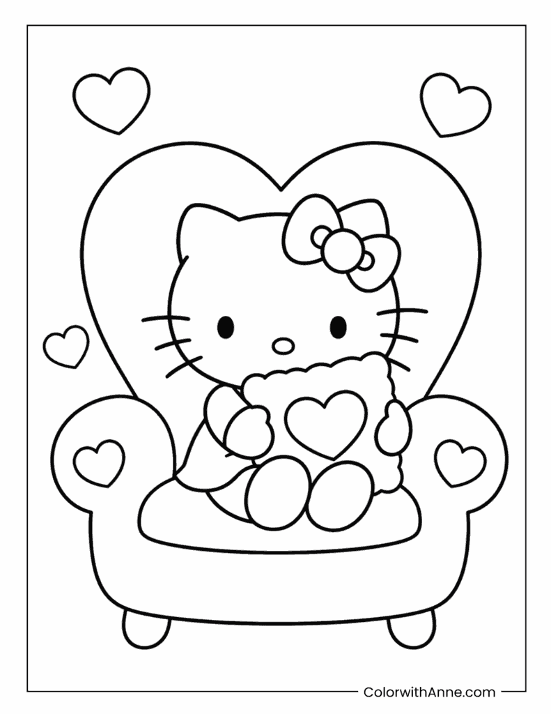 Hello Kitty Sitting in a Heart Chair Simple Coloring Page