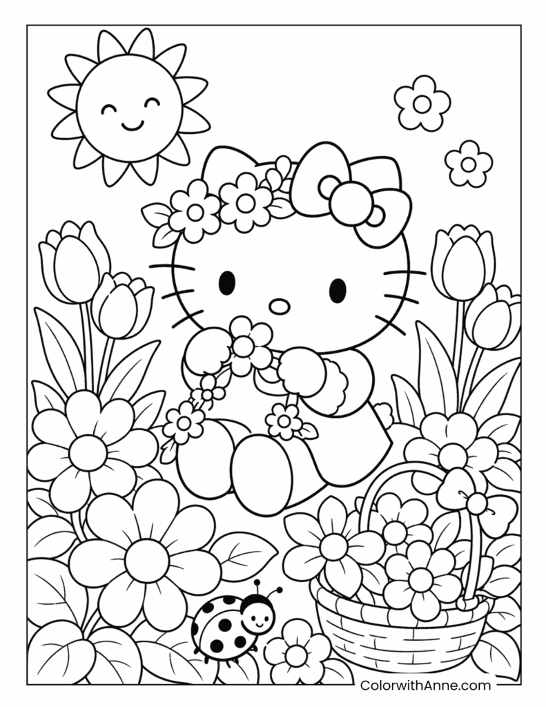 Hello Kitty Sitting in a Spring Flower Garden Coloring Page