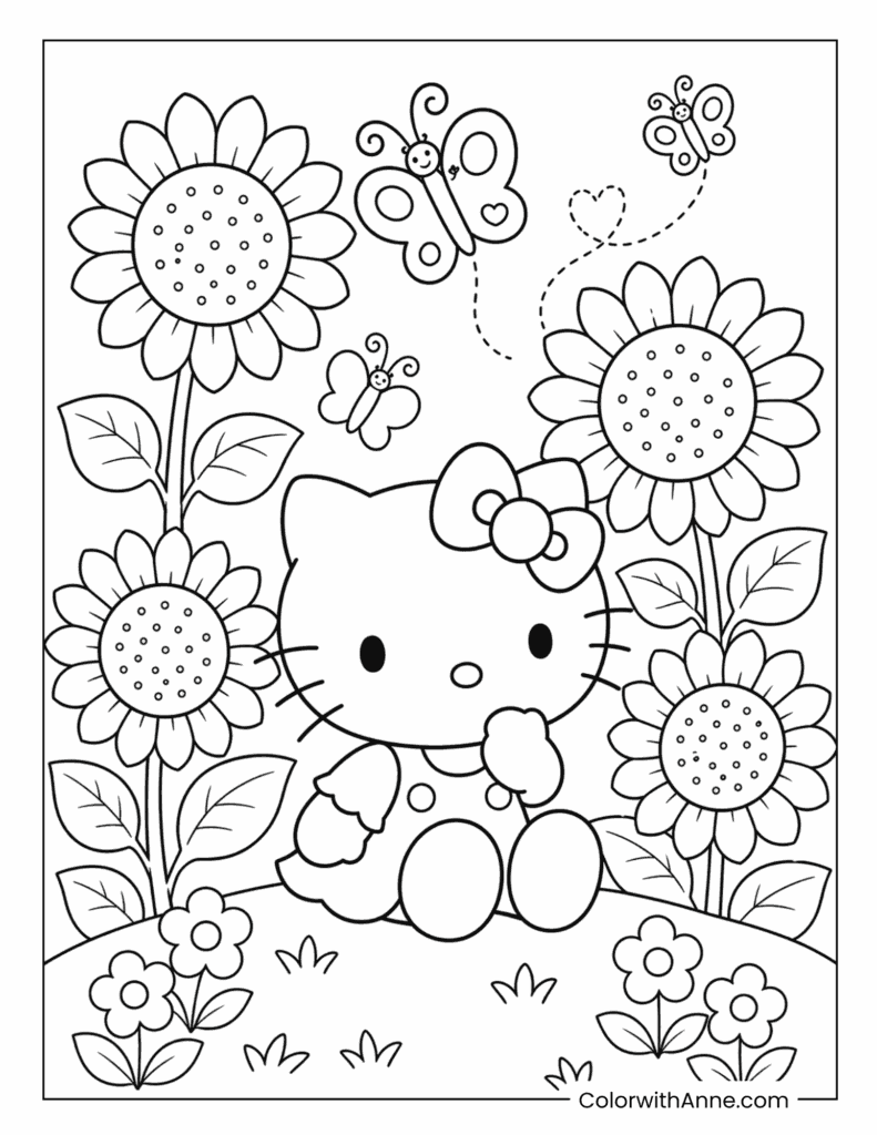 Hello Kitty Sitting in a Sunflower Garden Spring Coloring Page