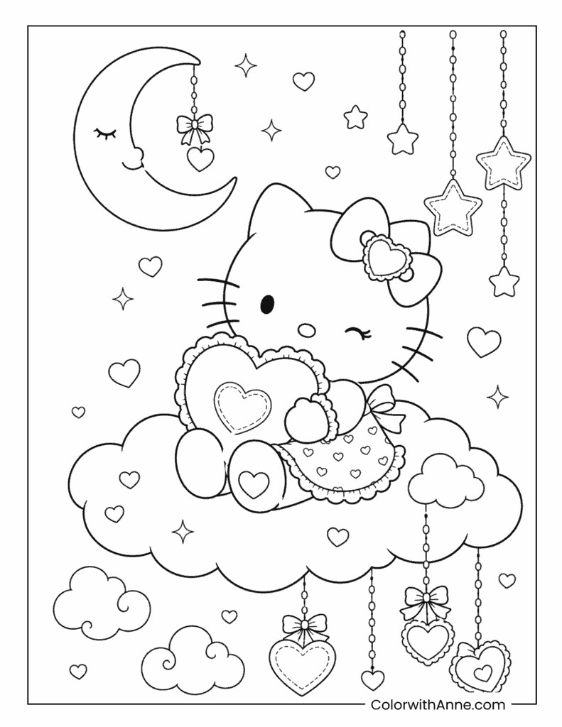 Hello Kitty Sitting on a Cloud Coloring Page