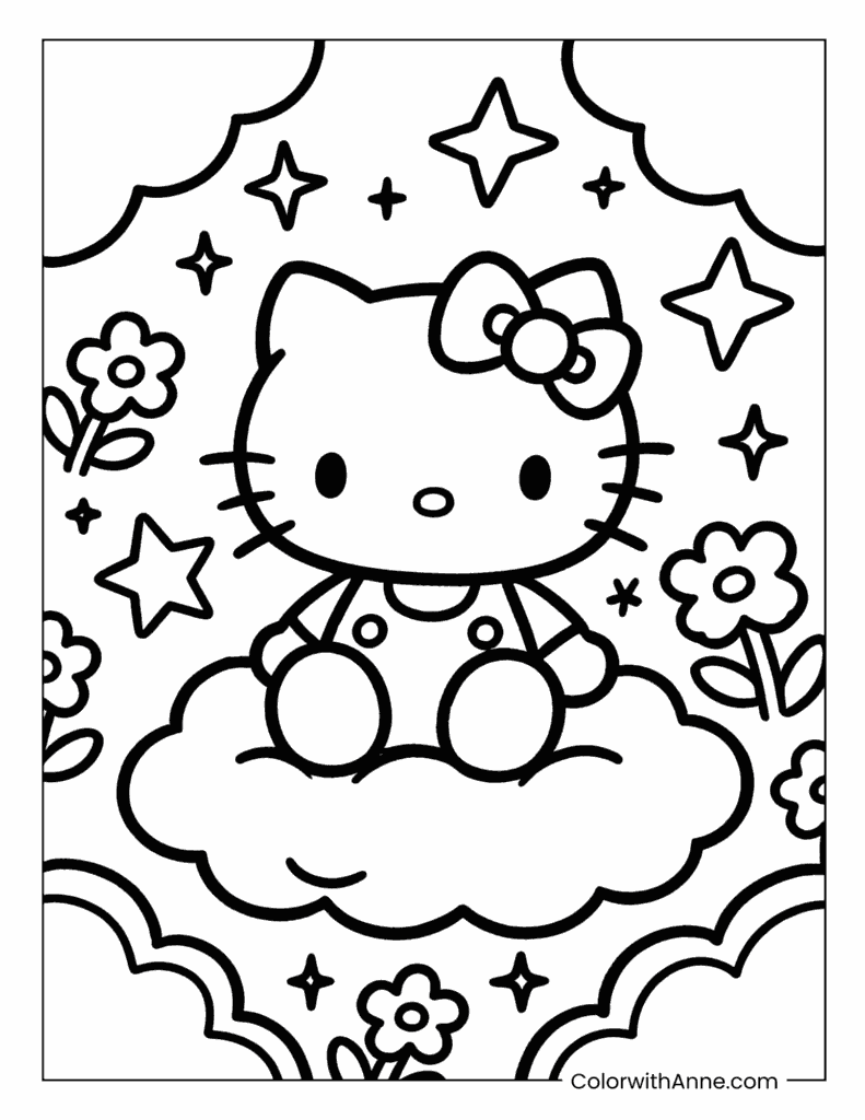 Hello Kitty Sitting on a Cloud with Stars Coloring Page