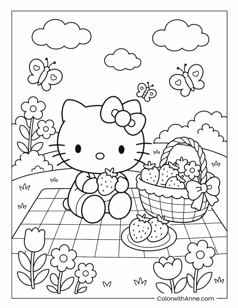 Hello Kitty Sitting on a Picnic Blanket with Strawberries Spring Coloring Page