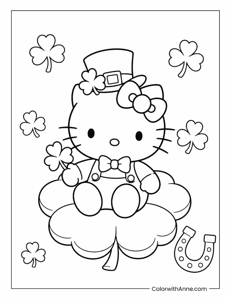 Hello Kitty Sitting on a Shamrock Coloring Page