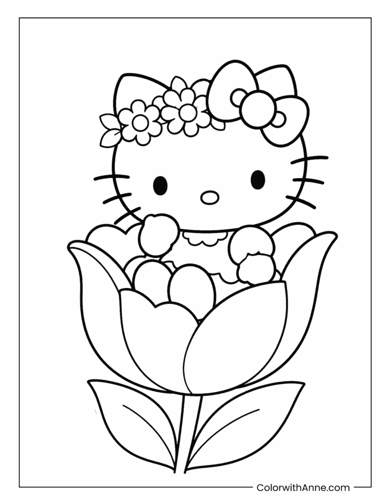 Hello Kitty Sitting on a Spring Tulip Flower Coloring Page