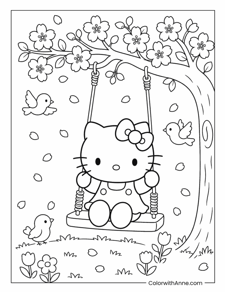 Hello Kitty Sitting on a Swing Under a Cherry Blossom Tree Spring Coloring Page