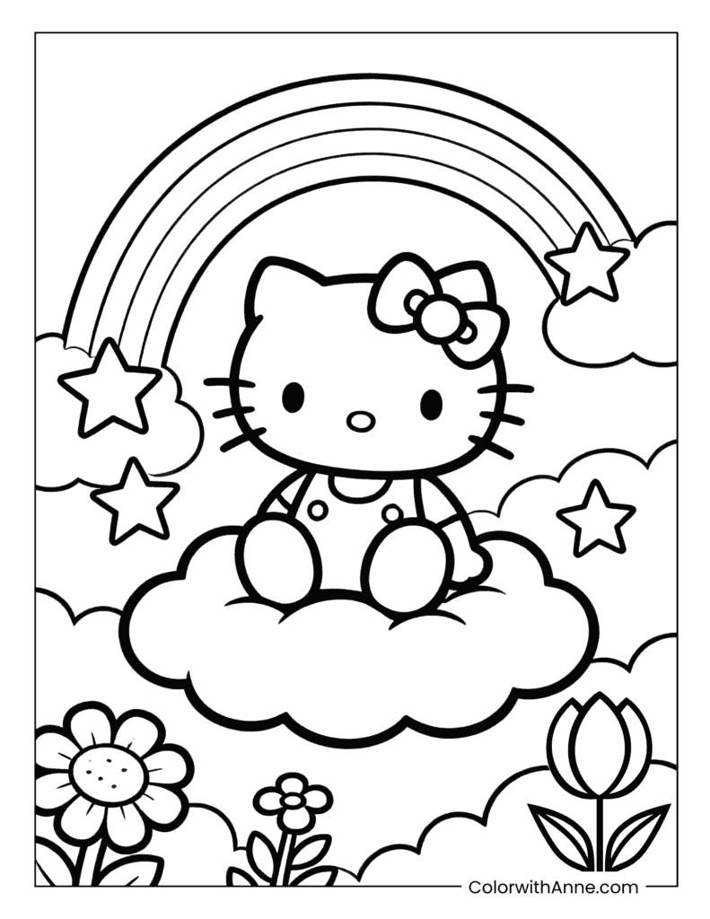 Hello Kitty Sitting with Stars and Flowers Coloring Page