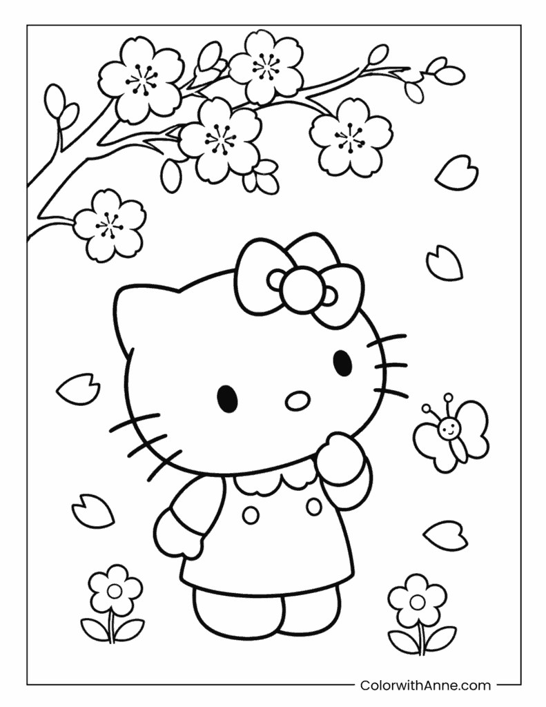 Hello Kitty Spring Cherry Blossom Coloring Page