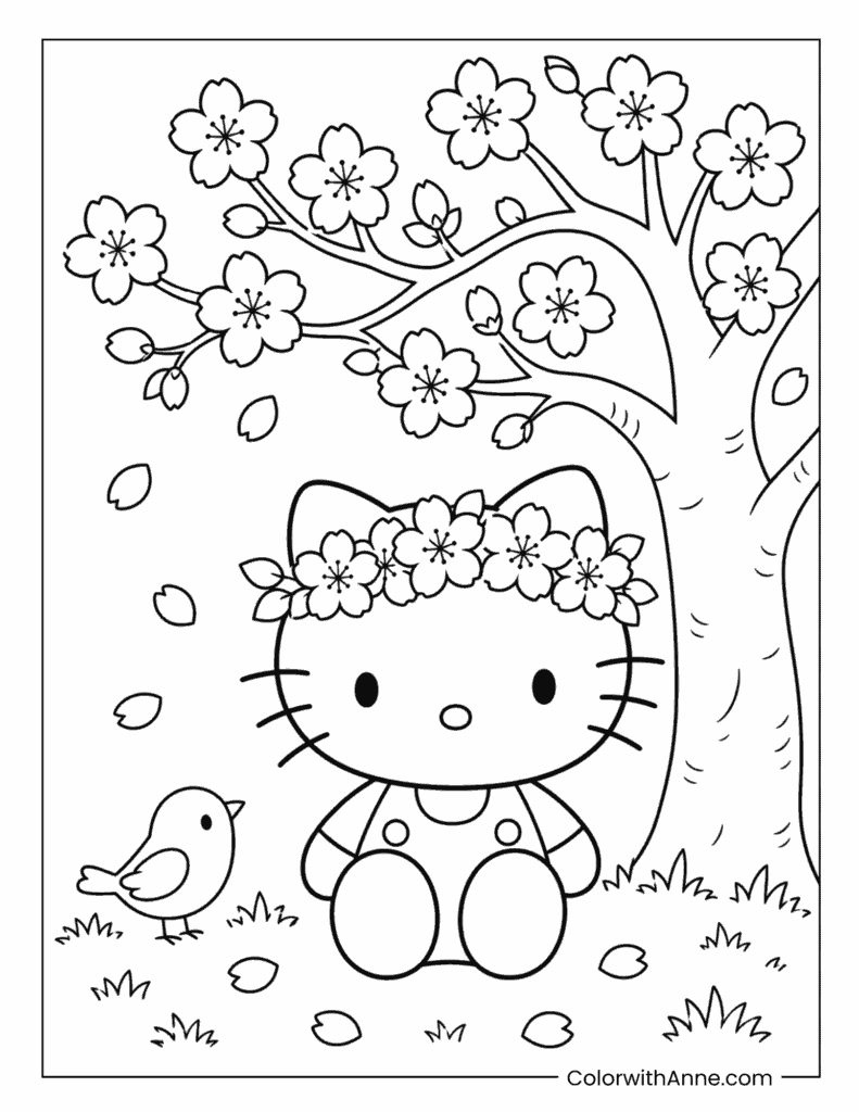 Hello Kitty Spring Cherry Blossom Tree Coloring Page