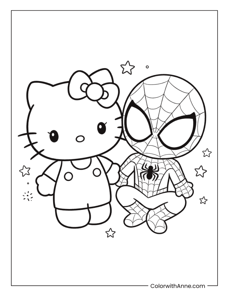 Hello Kitty Standing Next To Spider-Man Coloring Page