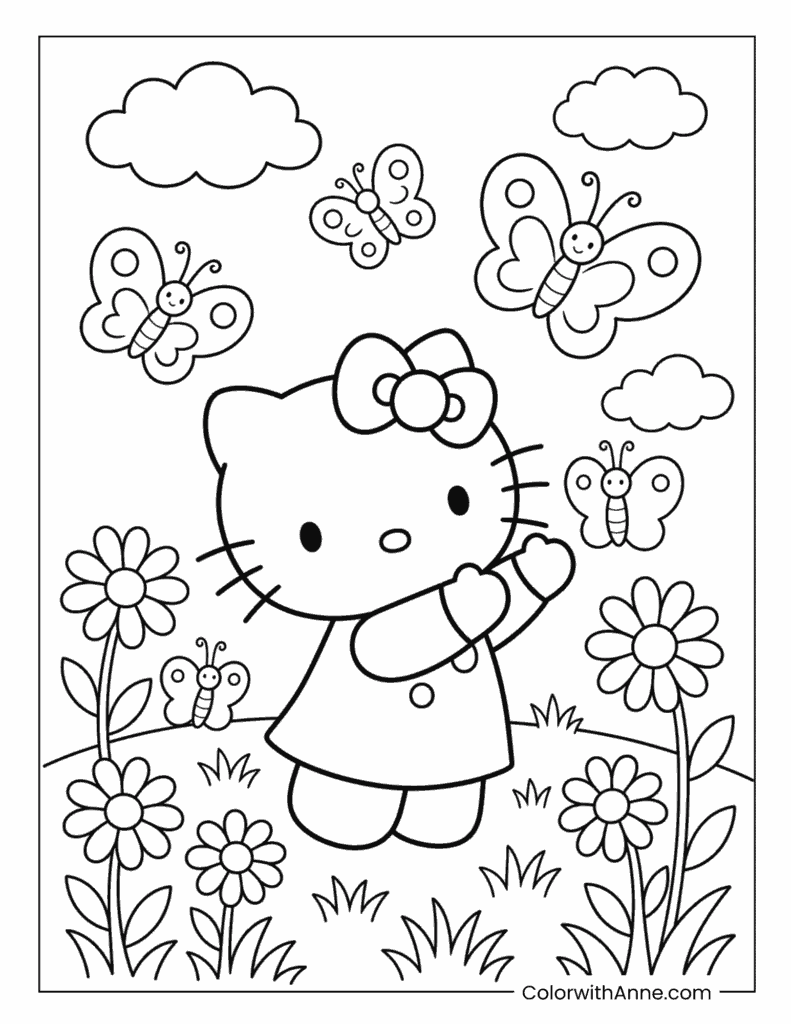 Hello Kitty Standing in a Butterfly Garden Spring Coloring Page