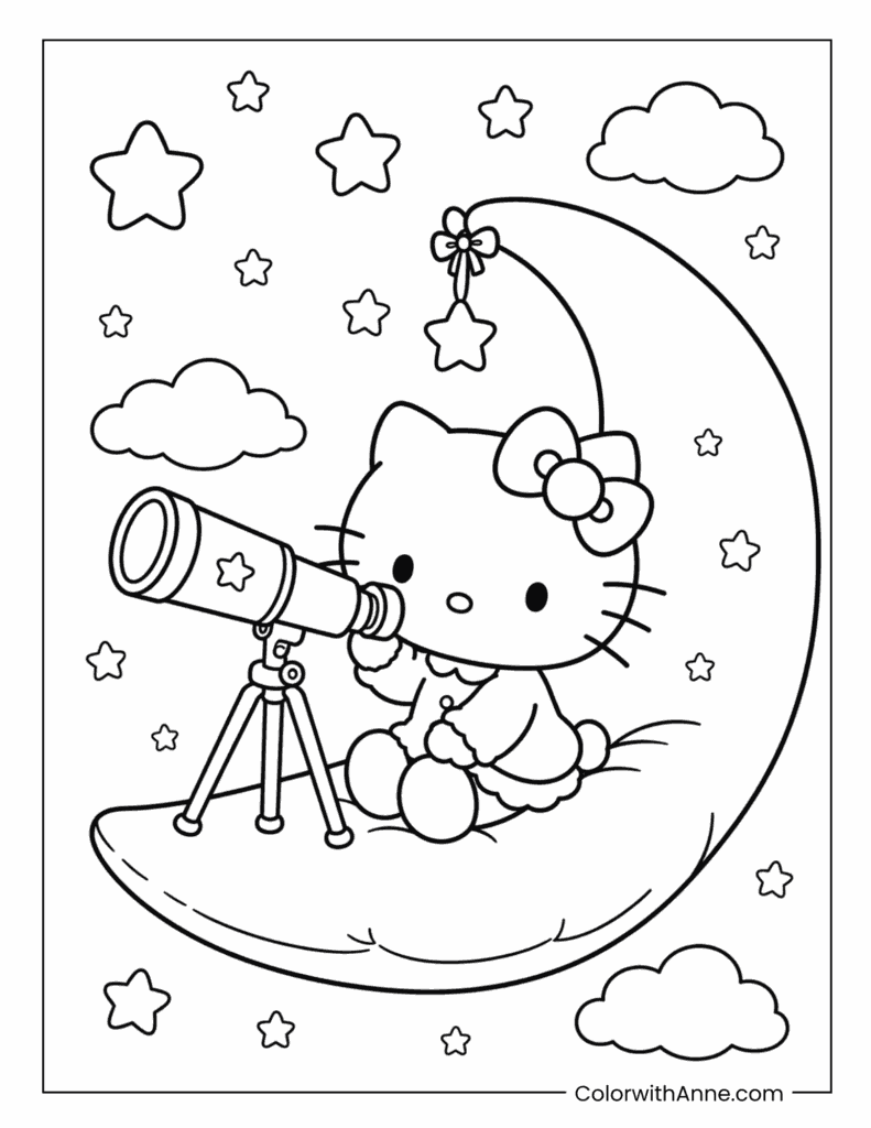 Hello Kitty Stargazing with a Telescope on the Moon Coloring Page