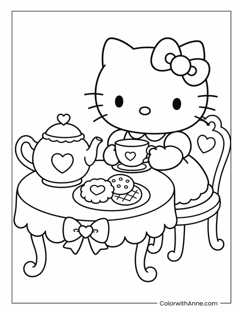 Hello Kitty Tea Party with Cookies Coloring Page