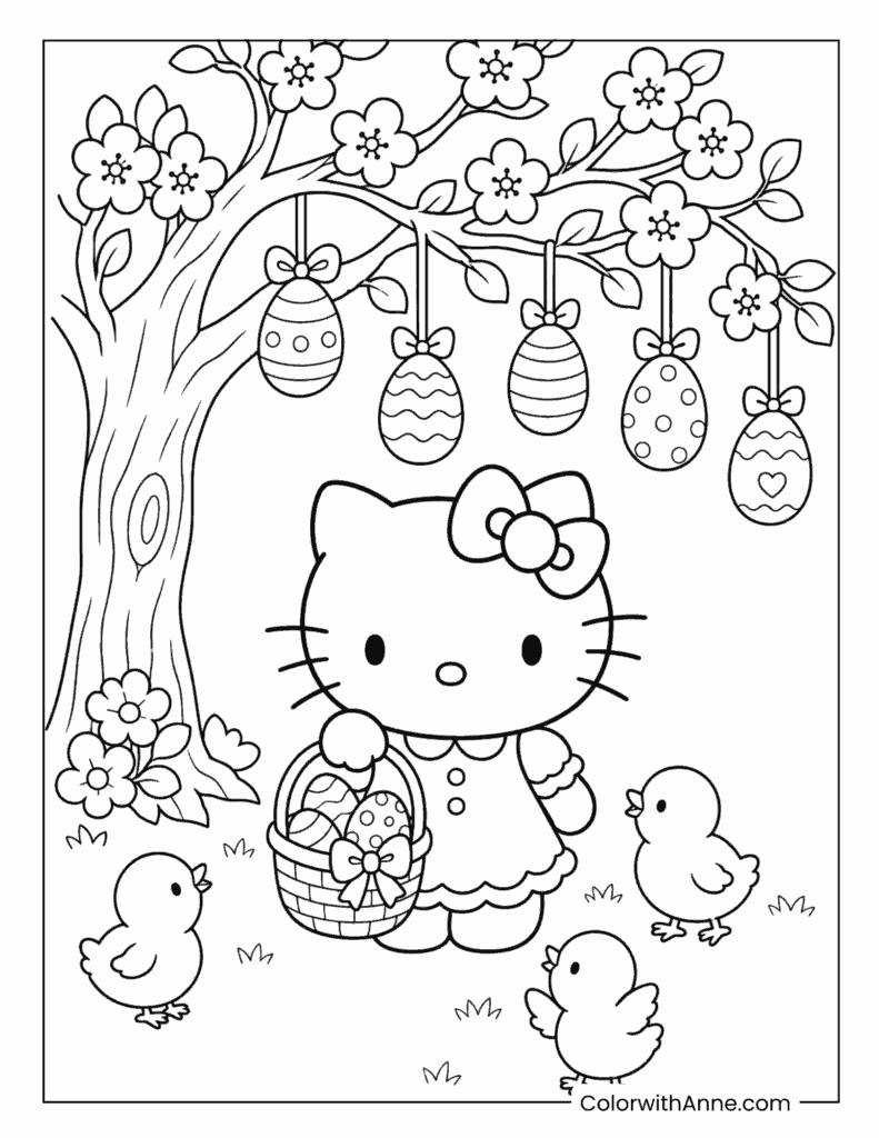 Hello Kitty Under a Tree with Hanging Decorated Eggs Coloring Page