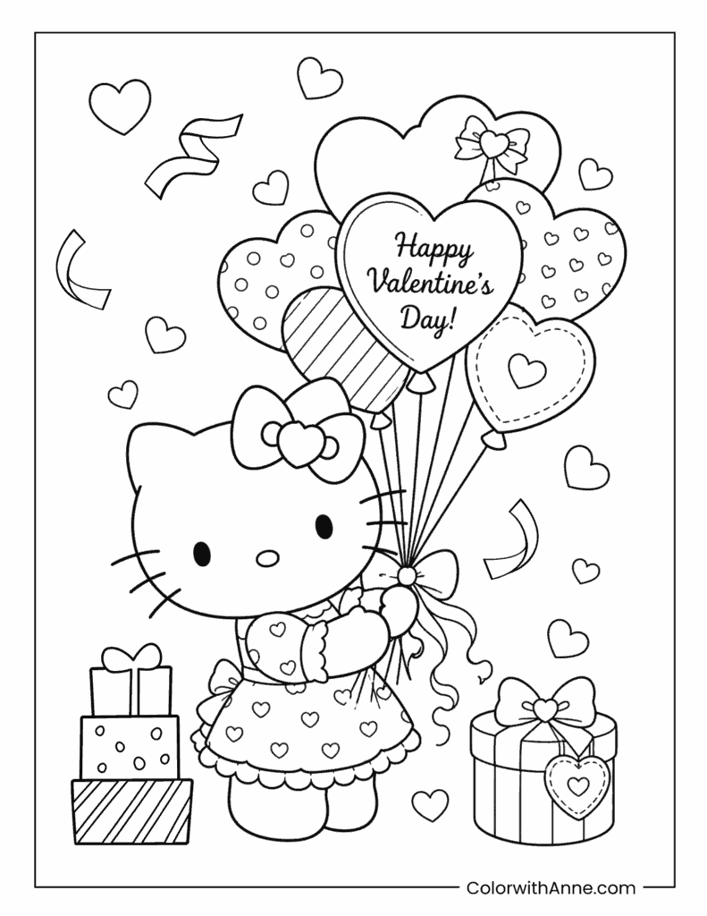 Hello Kitty Valentine's Day Balloon Gifts Coloring Page