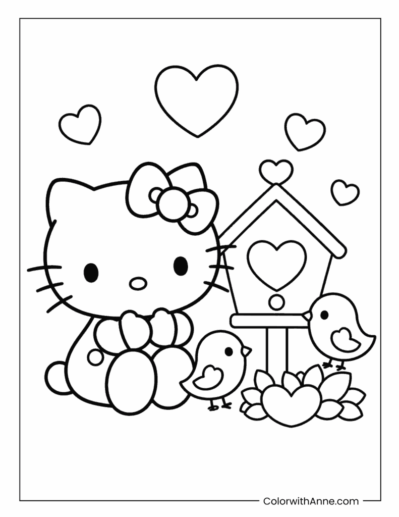 Hello Kitty Valentine's Day Birdhouse Coloring Page